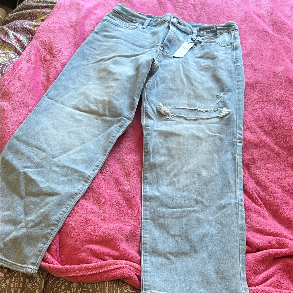 Express Light Blue Women's Distressed Straight-Leg Jeans